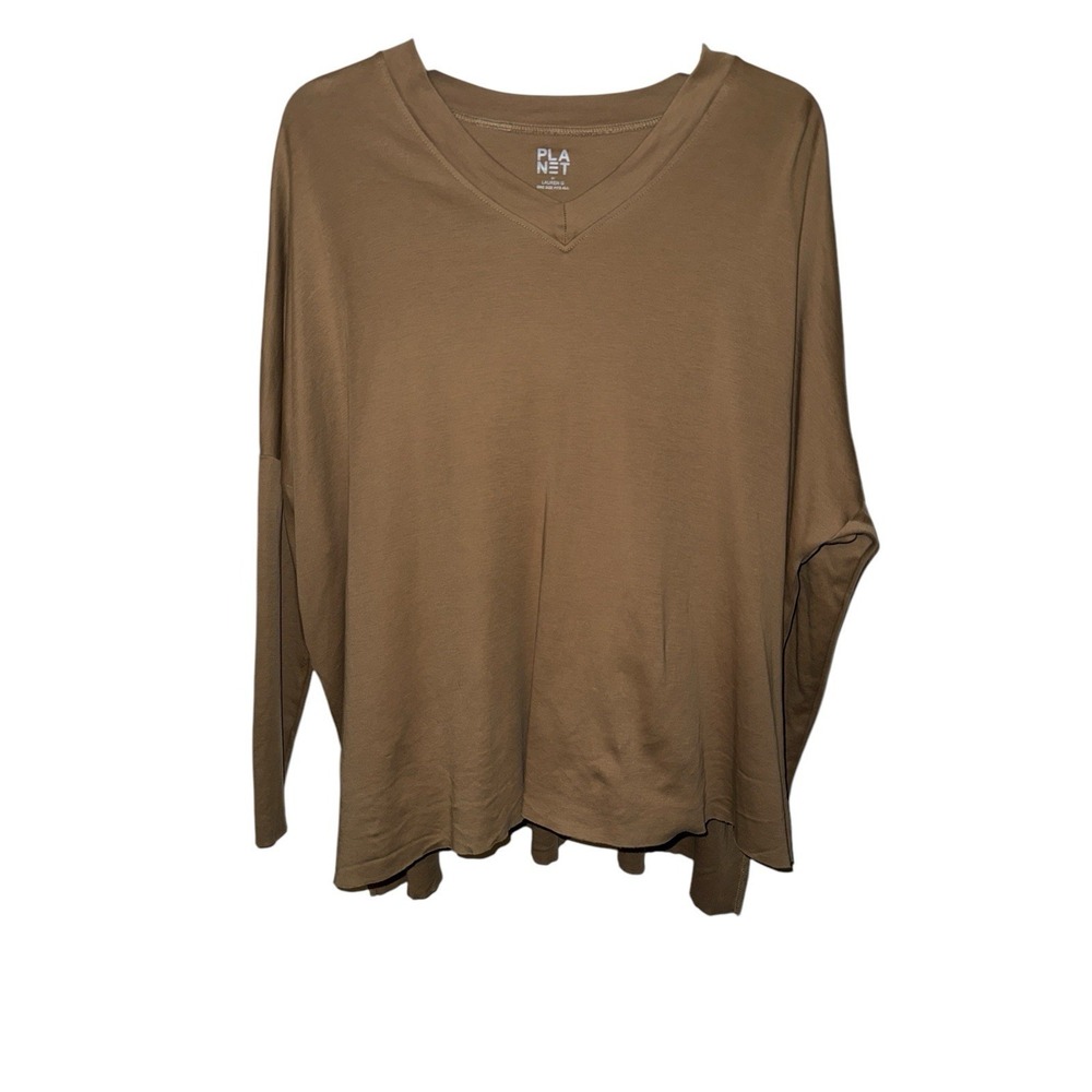 Planet Lauren G V‎ Neck Boxy Top Brown One Size Oversized Pima Cotton V Neck